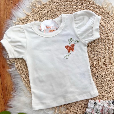 Conj. Blusa Borboleta Bordada e Short Floral - Off White